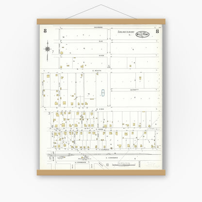 Old map wall art mockup — magnetic wood frame on white wall — Sanborn Fire Insurance Map from Wills Point, Van Zandt County, Texas (1923), Sheet #0008