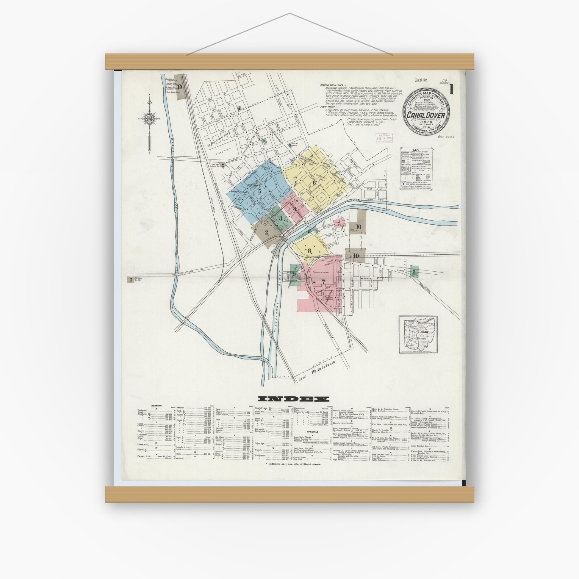 Old map wall art mockup — magnetic wood frame on white wall — Sanborn Fire Insurance Map from Canal Dover, Tuscarawas County, Ohio (1914), Sheet #0001