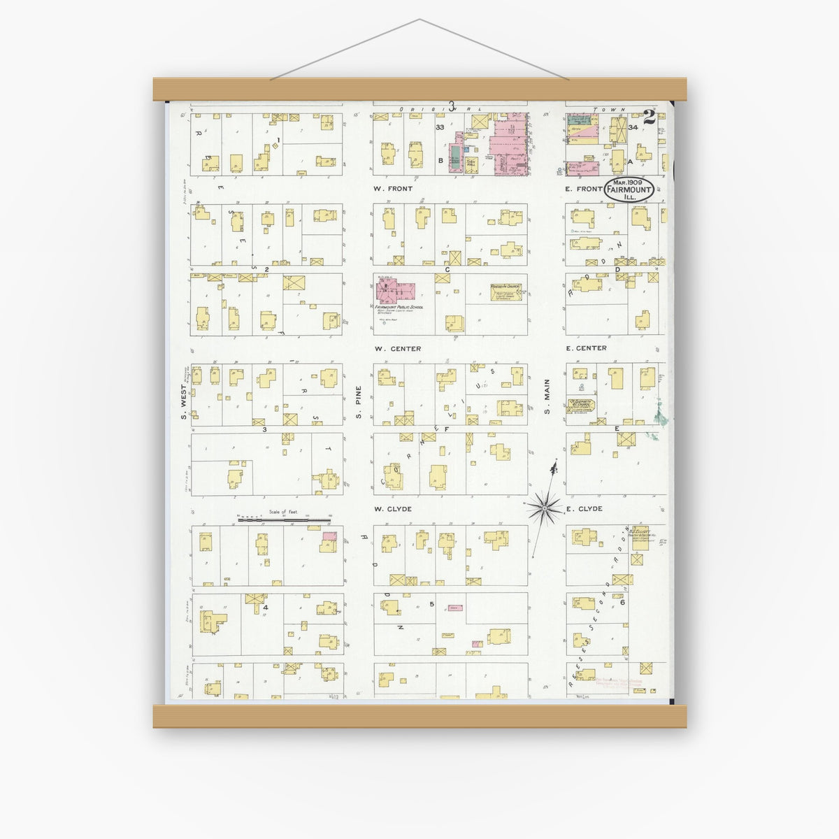Old map wall art mockup — magnetic wood frame on white wall — Sanborn Fire Insurance Map from Fairmount, Vermilion County, Illinois (1909), Sheet #0002