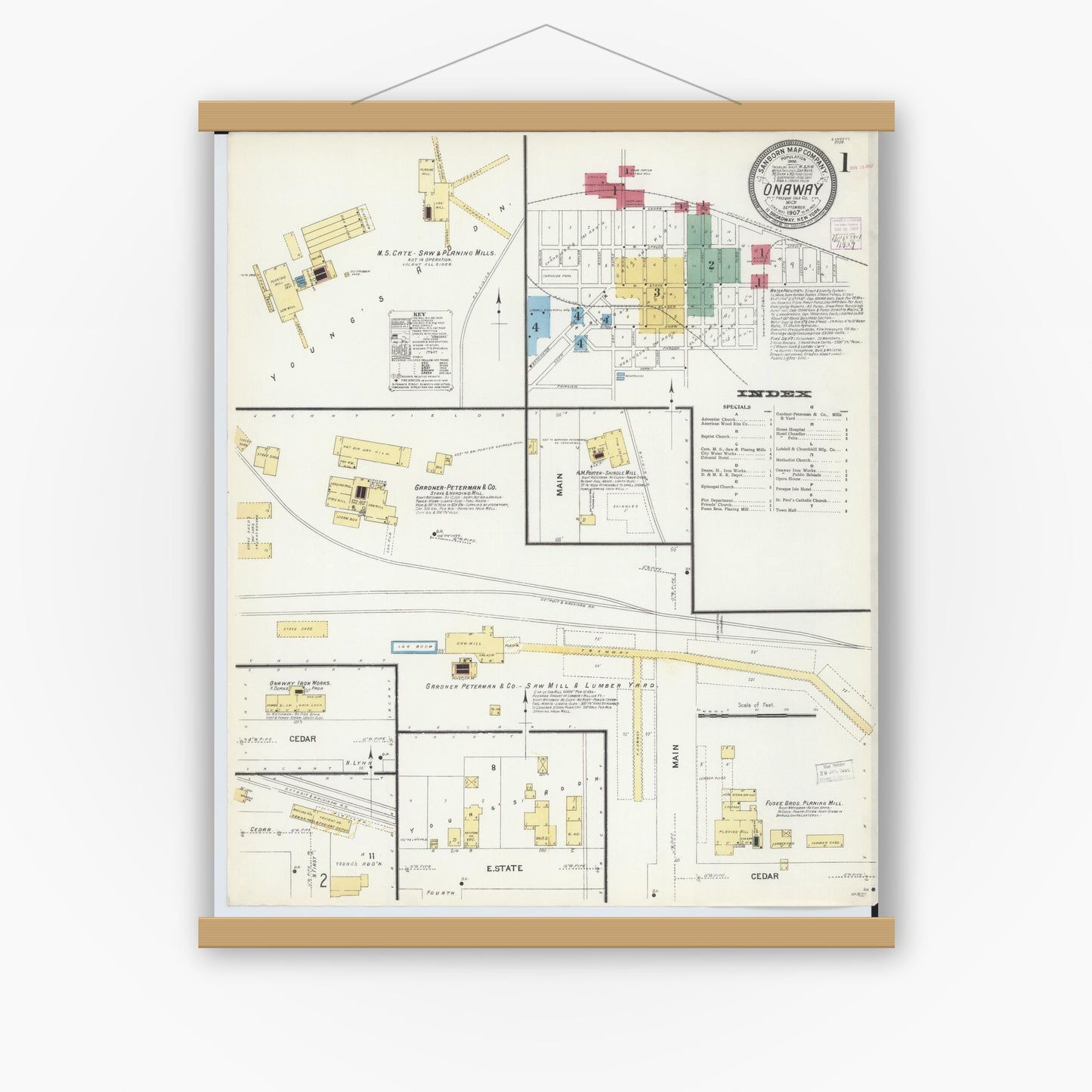 Old map wall art mockup — magnetic wood frame on white wall — Sanborn Fire Insurance Map from Onaway, Presque Isle County, Michigan (1907), Sheet #0001