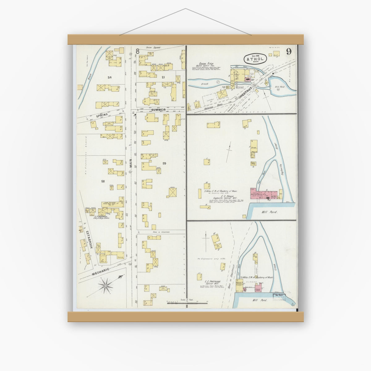 Old map wall art mockup — magnetic wood frame on white wall — Sanborn Fire Insurance Map from Athol, Worcester County, Massachusetts (1896), Sheet #0009