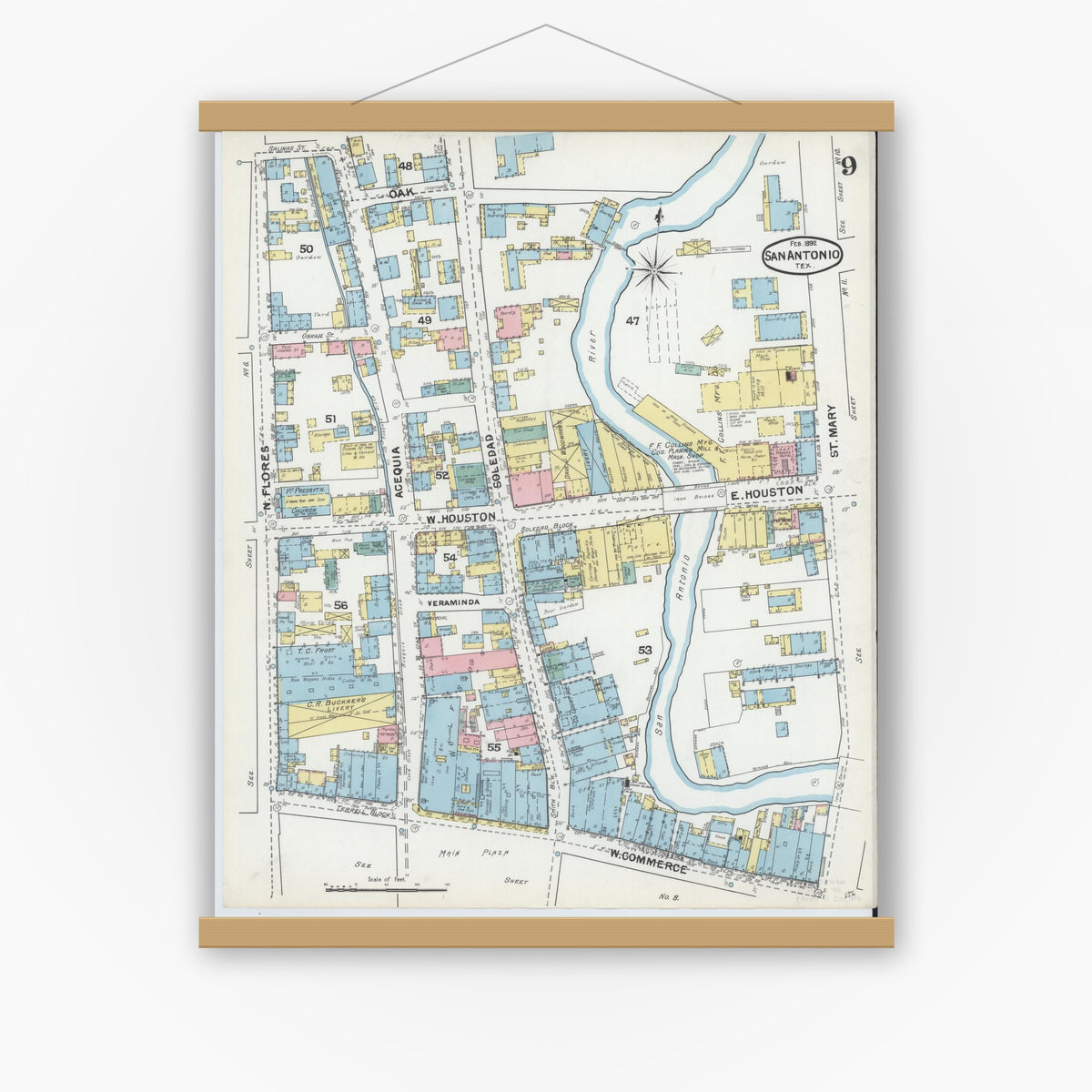 Old map wall art mockup — magnetic wood frame on white wall — Sanborn Fire Insurance Map from San Antonio, Bexar County, Texas (1892), Sheet #0009