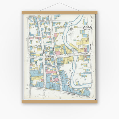 Old map wall art mockup — magnetic wood frame on white wall — Sanborn Fire Insurance Map from San Antonio, Bexar County, Texas (1892), Sheet #0009