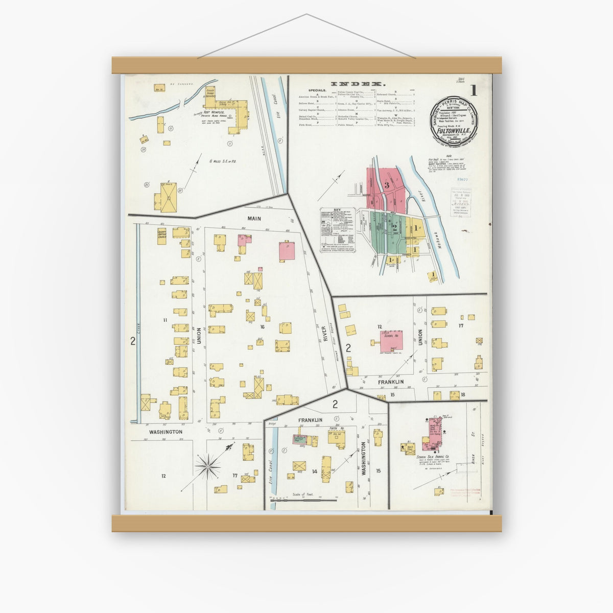 Old map wall art mockup — magnetic wood frame on white wall — Sanborn Fire Insurance Map from Fultonville, Montgomery County, New York (1900), Sheet #0001