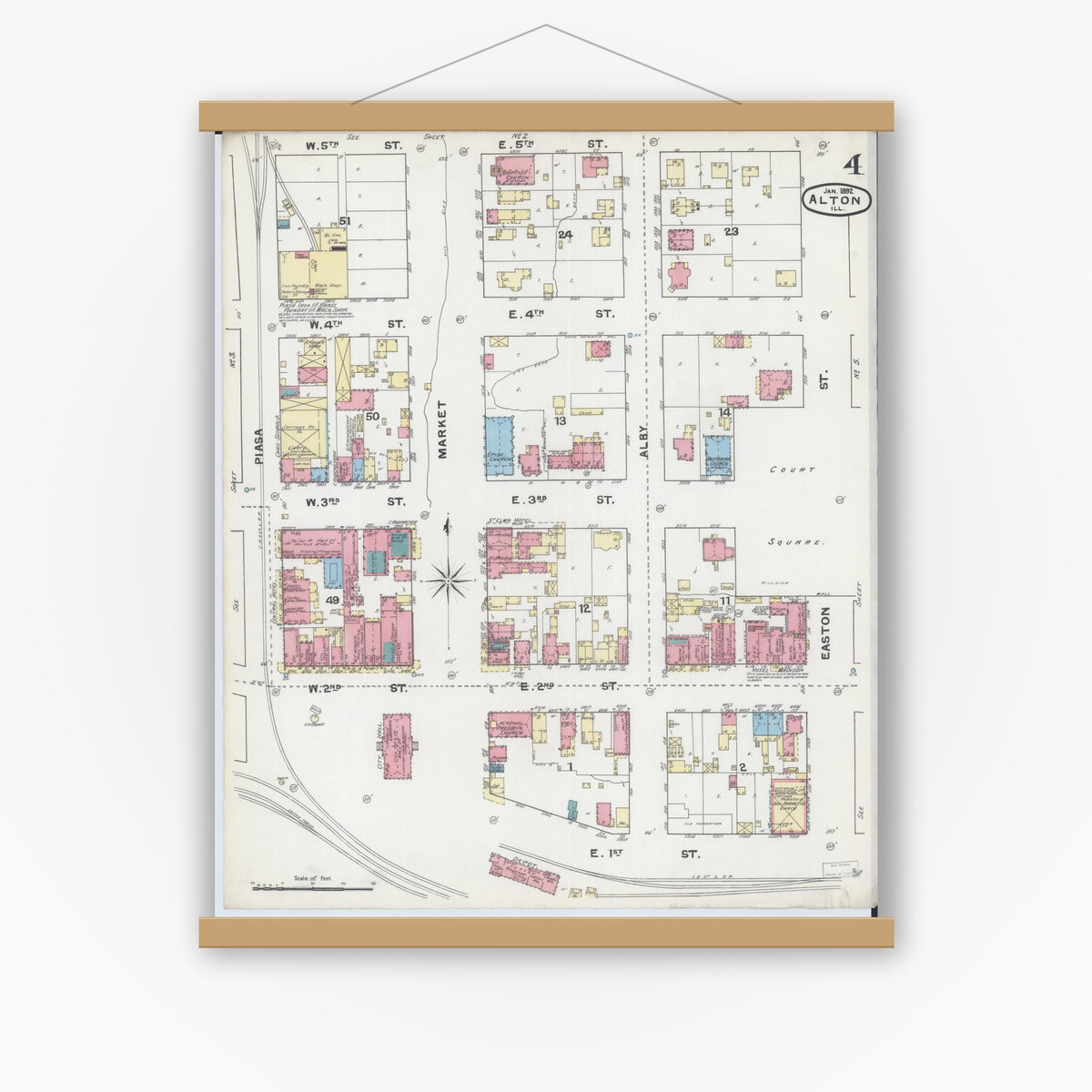 Old map wall art mockup — magnetic wood frame on white wall — Sanborn Fire Insurance Map from Alton, Madison County, Illinois (1892), Sheet #0004