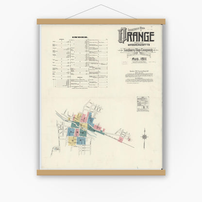 Old map wall art mockup — magnetic wood frame on white wall — Sanborn Fire Insurance Map from Orange, Franklin County, Massachusetts (1911), Sheet #0001