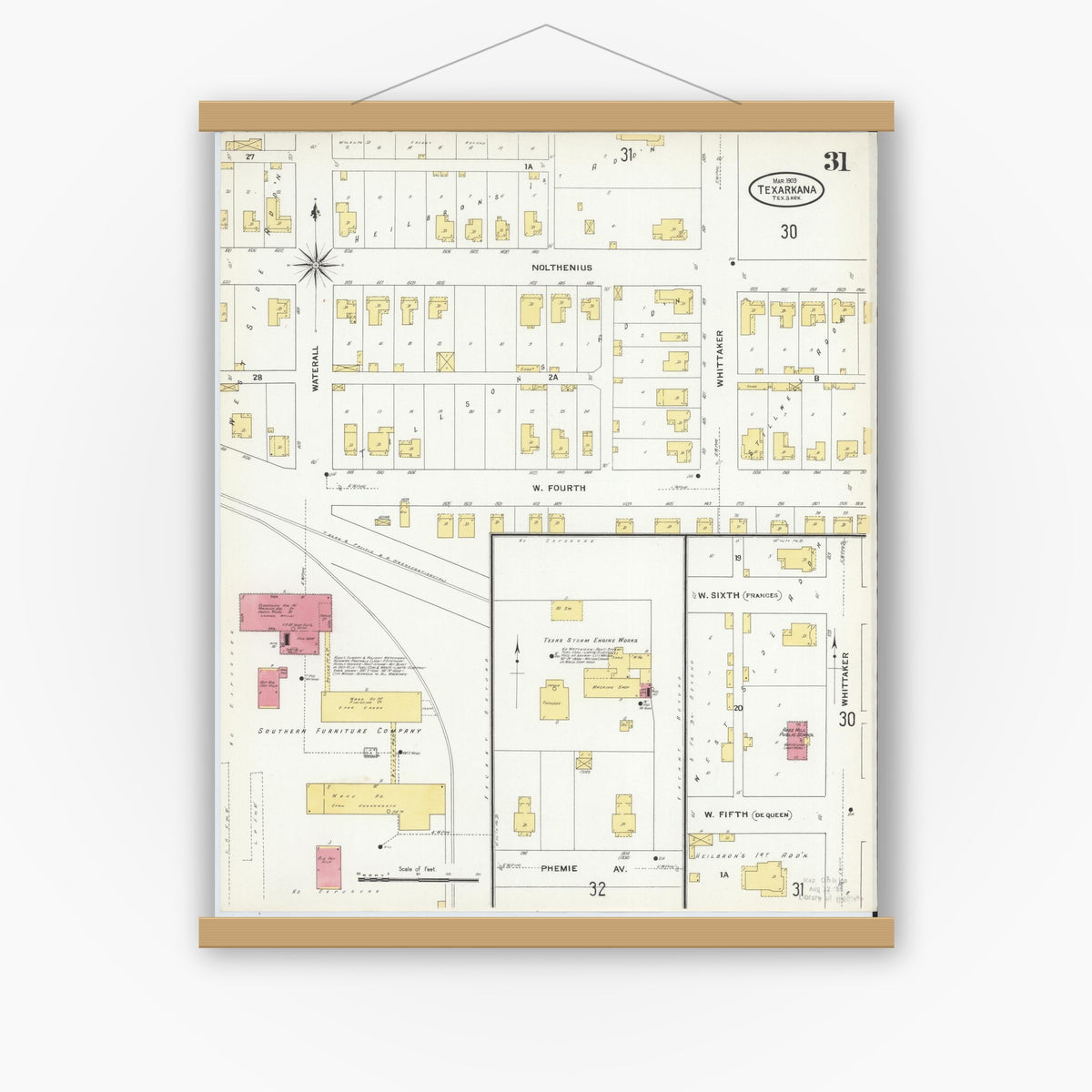 Old map wall art mockup — magnetic wood frame on white wall — Sanborn Fire Insurance Map from Texarkana, Bowie County, Texas (1909), Sheet #0031