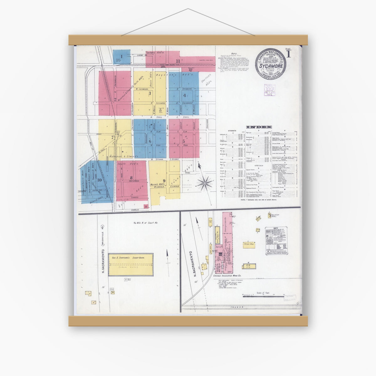 Old map wall art mockup — magnetic wood frame on white wall — Sanborn Fire Insurance Map from Sycamore, De Kalb County, Illinois (1905) - Complete Map Set