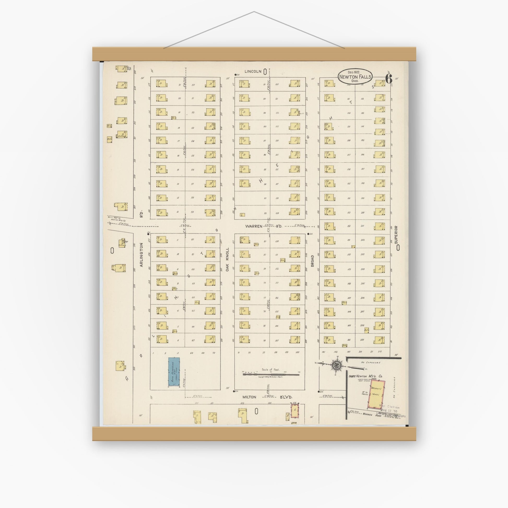 Old map wall art mockup — magnetic wood frame on white wall — Sanborn Fire Insurance Map from Newton Falls, Trumbull County, Ohio (1922), Sheet #0006