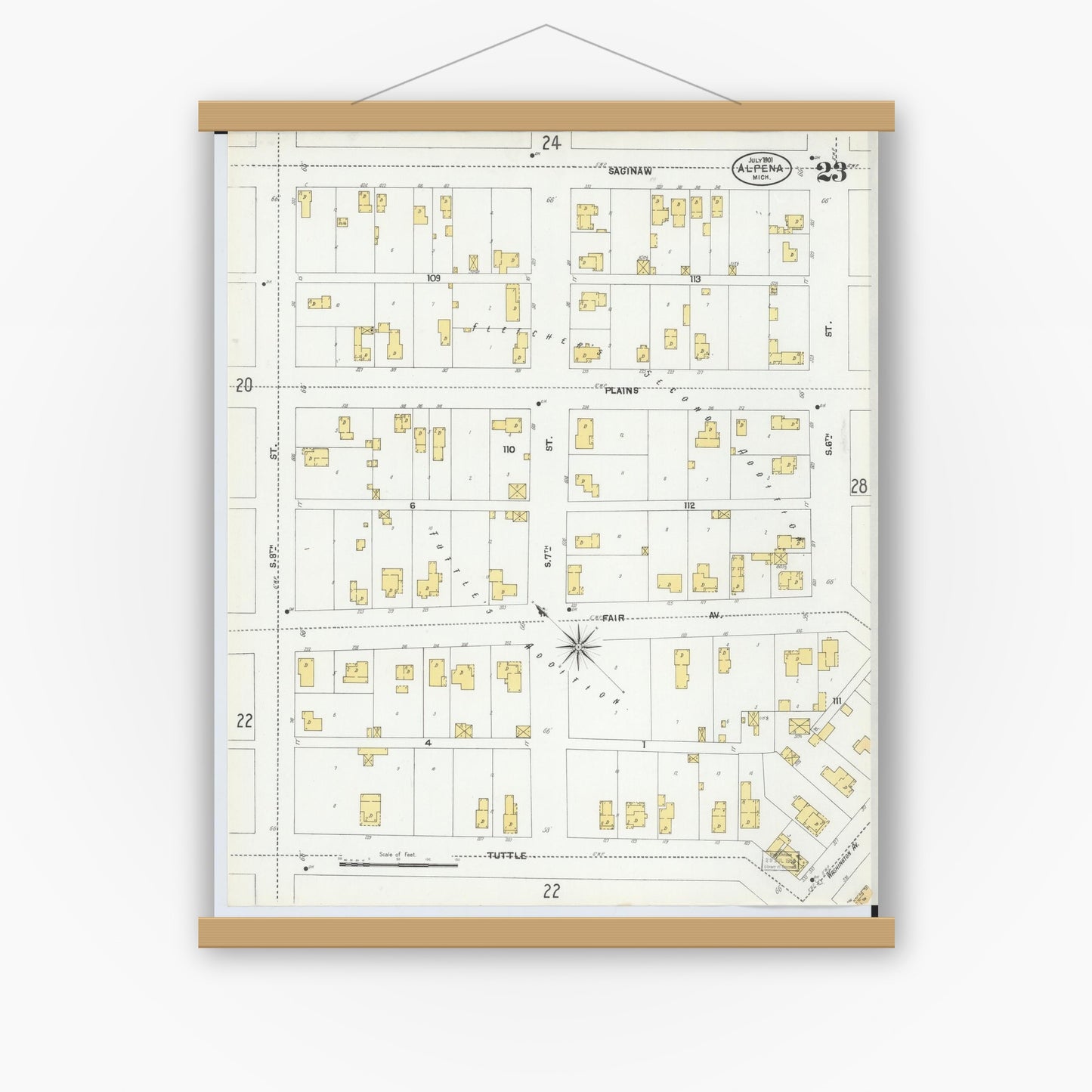 Old map wall art mockup — magnetic wood frame on white wall — Sanborn Fire Insurance Map from Alpena, Alpena County, Michigan (1901), Sheet #0023