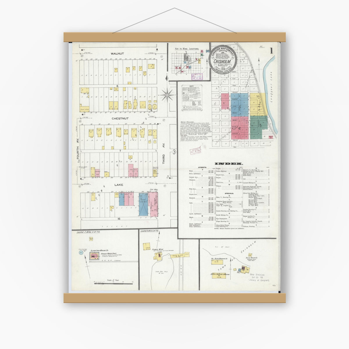 Old map wall art mockup — magnetic wood frame on white wall — Sanborn Fire Insurance Map from Chisholm, Saint Louis County, Minnesota (1909) - Complete Map Set