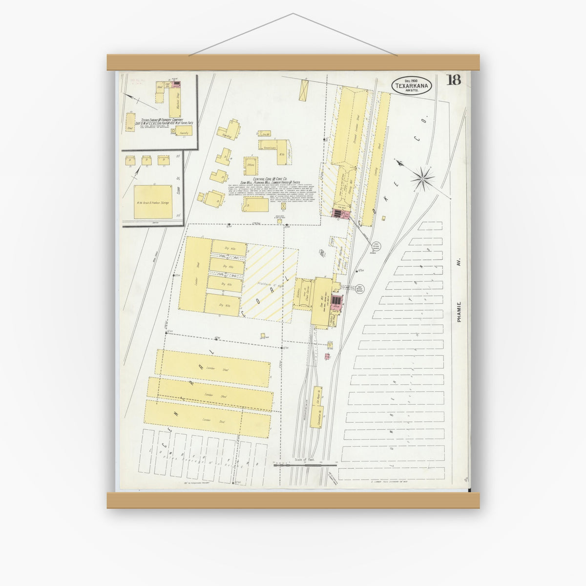 Old map wall art mockup — magnetic wood frame on white wall — Sanborn Fire Insurance Map from Texarkana, Bowie County, Texas (1900), Sheet #0018