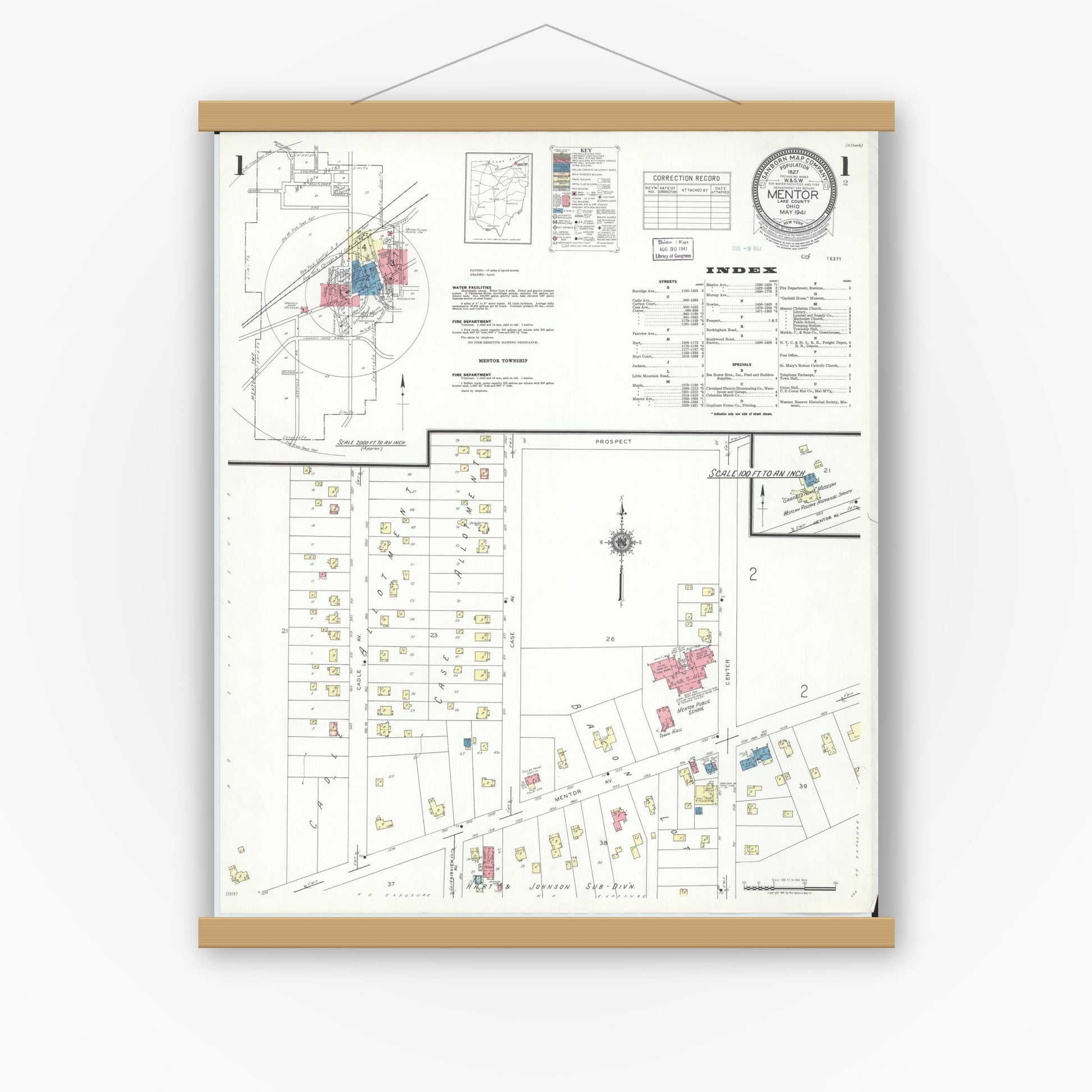 Old map wall art mockup — magnetic wood frame on white wall — Sanborn Fire Insurance Map from Mentor, Lake County, Ohio (1941), Sheet #0001