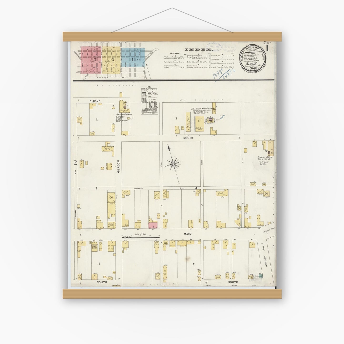 Old map wall art mockup — magnetic wood frame on white wall — Sanborn Fire Insurance Map from Berlin, Somerset County, Pennsylvania (1898) - Complete Map Set
