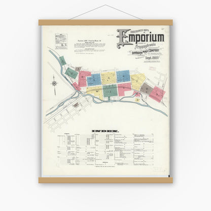 Old map wall art mockup — magnetic wood frame on white wall — Sanborn Fire Insurance Map from Emporium, Cameron County, Pennsylvania (1909) - Complete Map Set