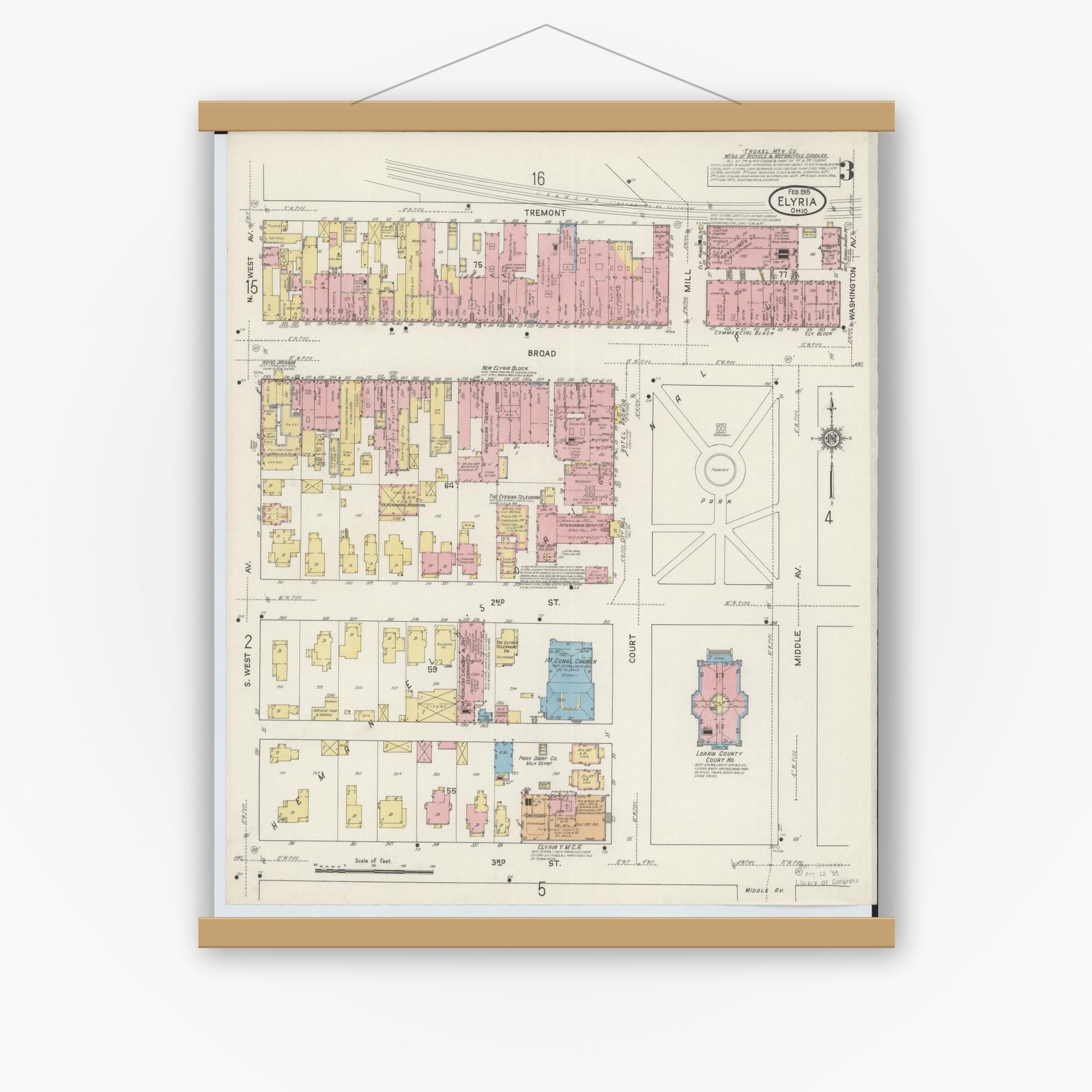 Old map wall art mockup — magnetic wood frame on white wall — Sanborn Fire Insurance Map from Elyria, Lorain County, Ohio (1915), Sheet #0003