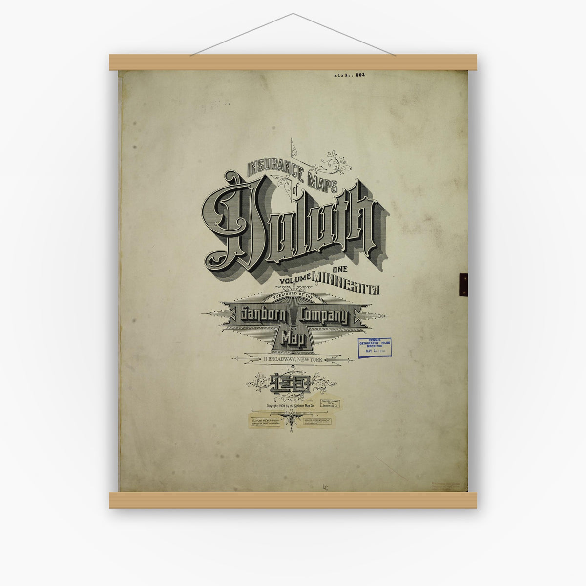 Old map wall art mockup — magnetic wood frame on white wall — Sanborn Fire Insurance Map from Duluth, Saint Louis County, Minnesota (1950), Sheet #0001