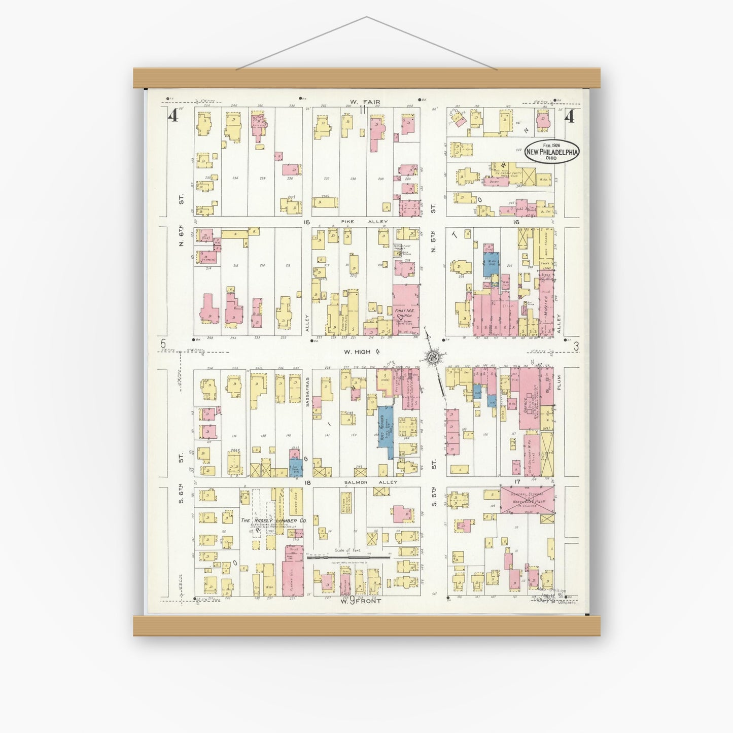 Old map wall art mockup — magnetic wood frame on white wall — Sanborn Fire Insurance Map from New Philadelphia, Tuscarawas County, Ohio (1926), Sheet #0004