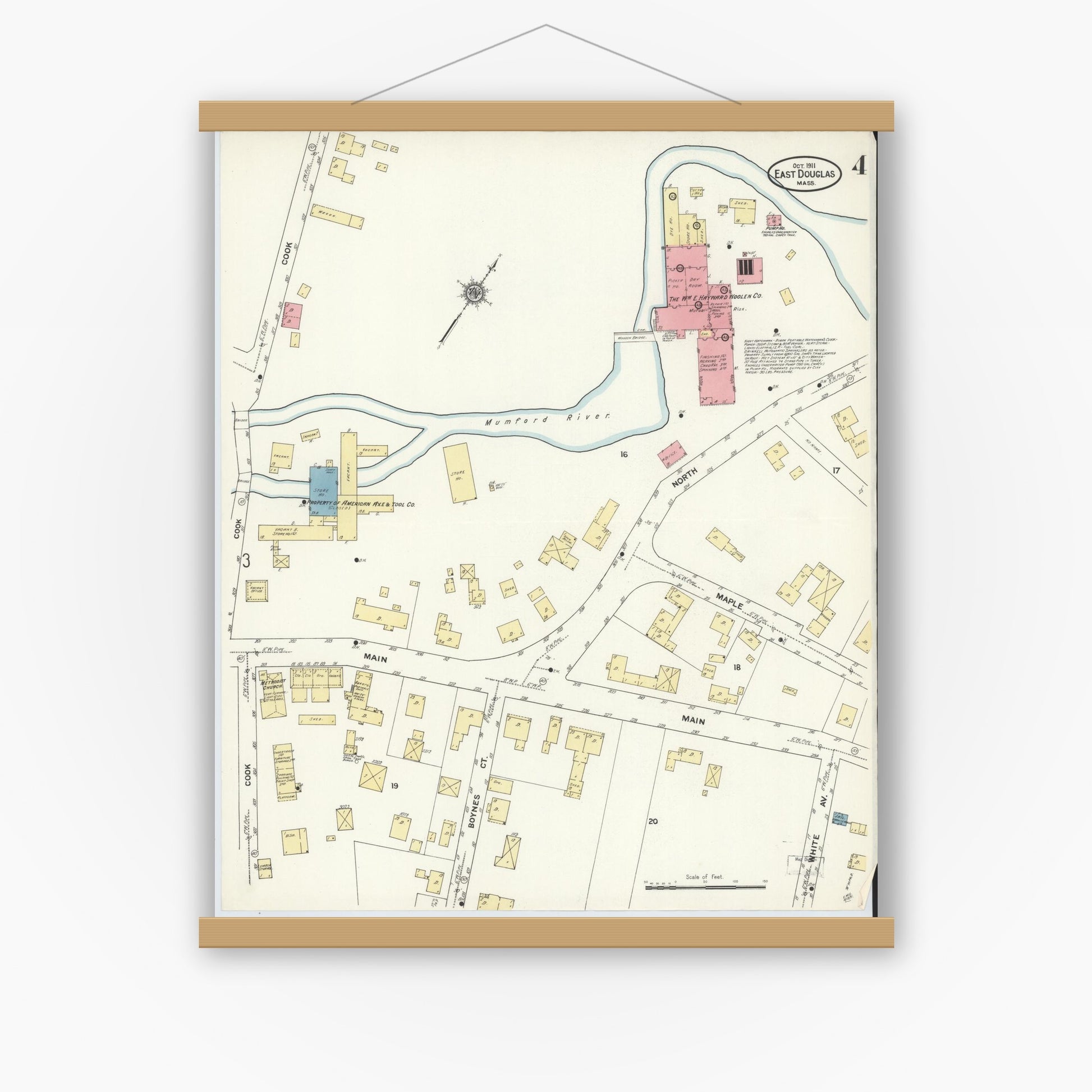 Old map wall art mockup — magnetic wood frame on white wall — Sanborn Fire Insurance Map from East Douglas, Worcester County, Massachusetts (1911), Sheet #0004
