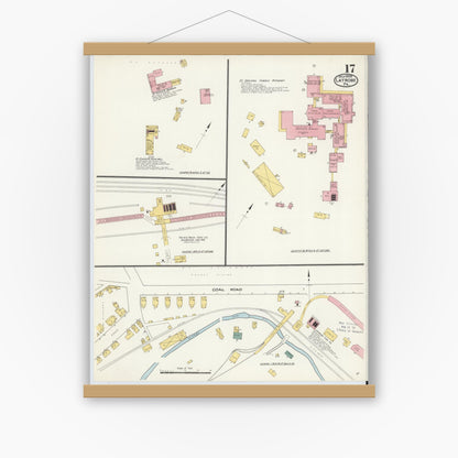 Old map wall art mockup — magnetic wood frame on white wall — Sanborn Fire Insurance Map from Latrobe, Westmoreland County, Pennsylvania (1909), Sheet #0017