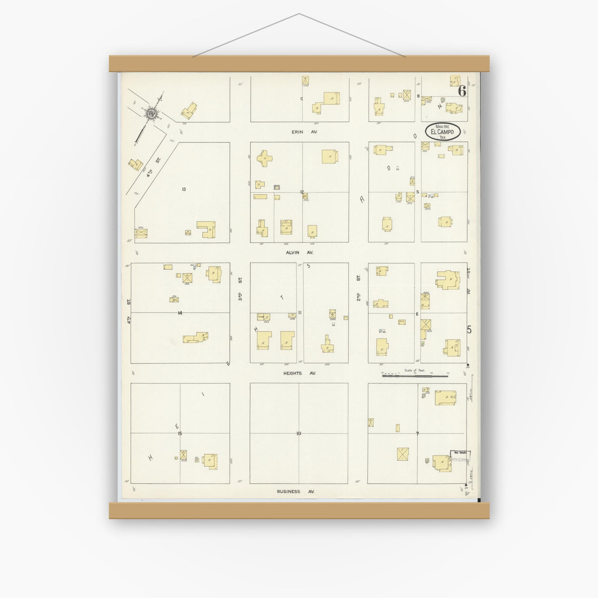Old map wall art mockup — magnetic wood frame on white wall — Sanborn Fire Insurance Map from El Campo, Wharton County, Texas (1912), Sheet #0006