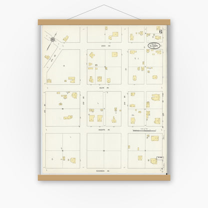 Old map wall art mockup — magnetic wood frame on white wall — Sanborn Fire Insurance Map from El Campo, Wharton County, Texas (1912), Sheet #0006