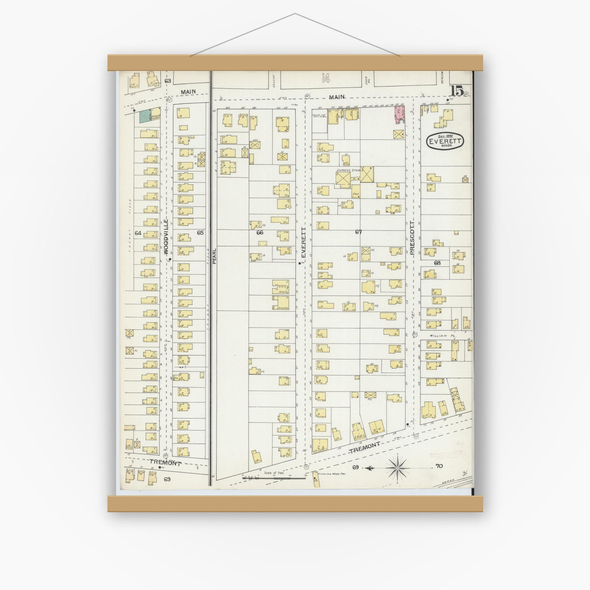 Old map wall art mockup — magnetic wood frame on white wall — Sanborn Fire Insurance Map from Everett, Middlesex County, Massachusetts (1892), Sheet #0015