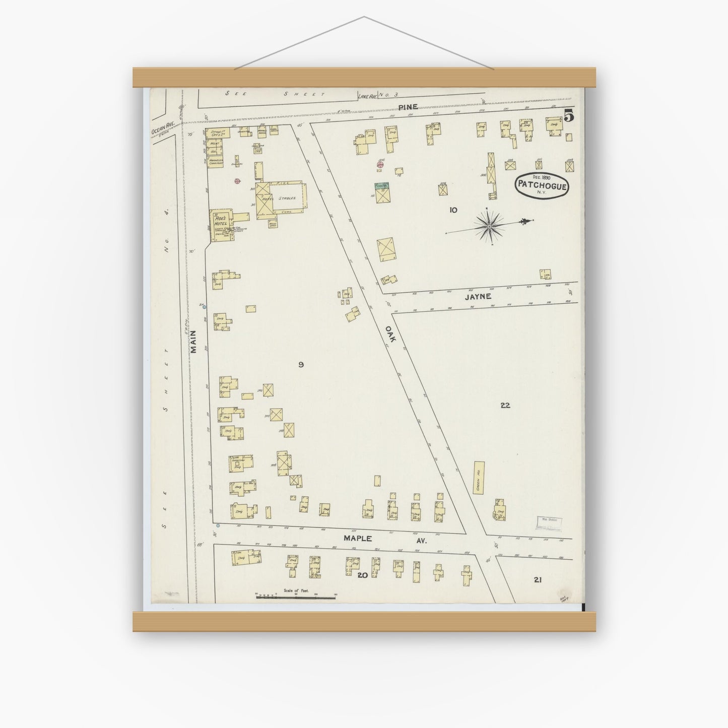 Old map wall art mockup — magnetic wood frame on white wall — Sanborn Fire Insurance Map from Patchogue, Suffolk County, New York (1891), Sheet #0005