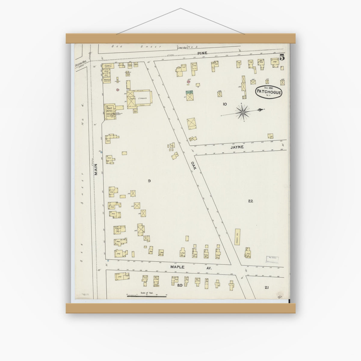 Old map wall art mockup — magnetic wood frame on white wall — Sanborn Fire Insurance Map from Patchogue, Suffolk County, New York (1891), Sheet #0005