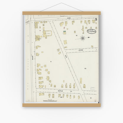 Old map wall art mockup — magnetic wood frame on white wall — Sanborn Fire Insurance Map from Patchogue, Suffolk County, New York (1891), Sheet #0005