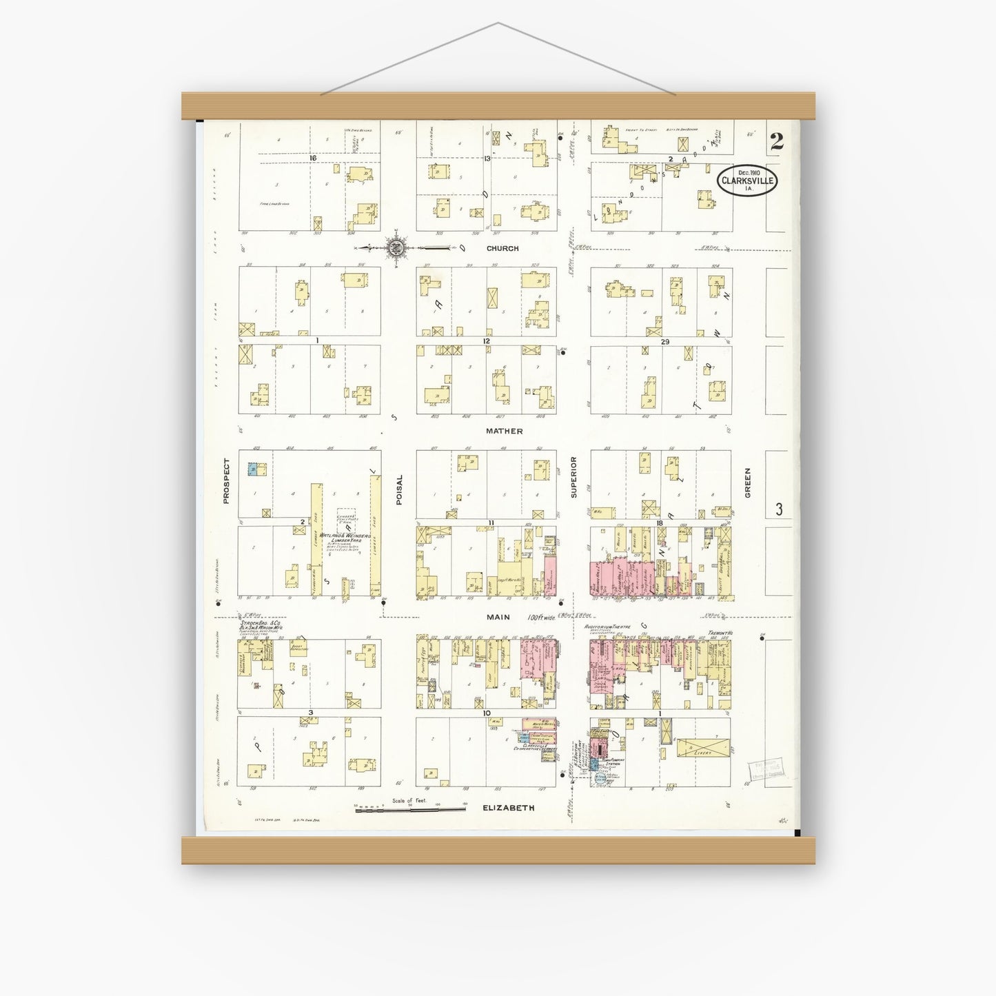 Old map wall art mockup — magnetic wood frame on white wall — Sanborn Fire Insurance Map from Clarksville, Butler County, Iowa (1910), Sheet #0002