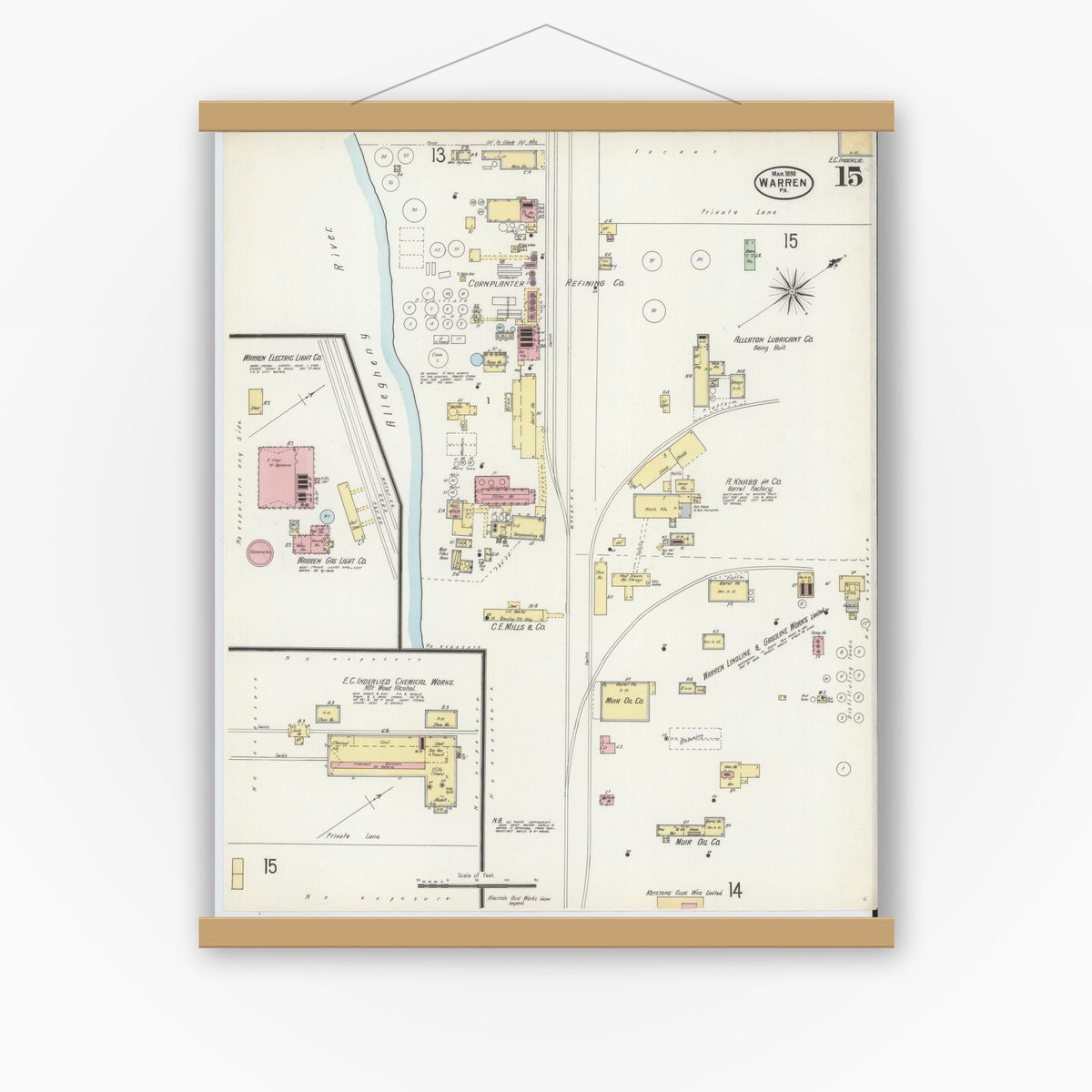 Old map wall art mockup — magnetic wood frame on white wall — Sanborn Fire Insurance Map from Warren, Warren County, Pennsylvania (1898), Sheet #0015