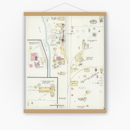 Old map wall art mockup — magnetic wood frame on white wall — Sanborn Fire Insurance Map from Warren, Warren County, Pennsylvania (1898), Sheet #0015