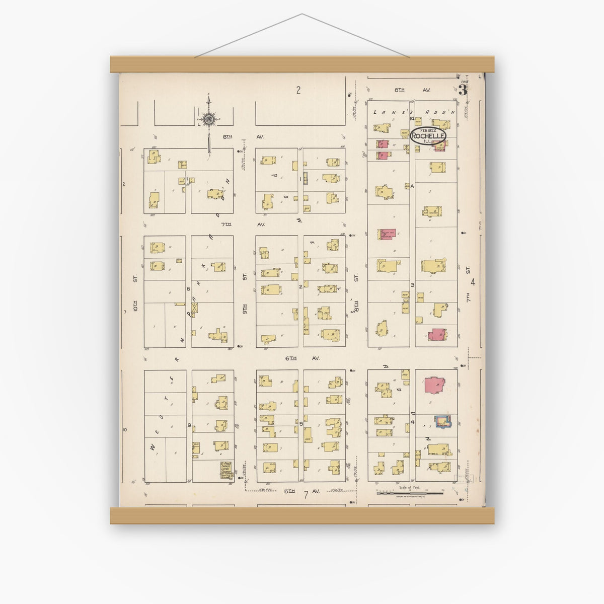 Old map wall art mockup — magnetic wood frame on white wall — Sanborn Fire Insurance Map from Rochelle, Ogle County, Illinois (1922), Sheet #0003