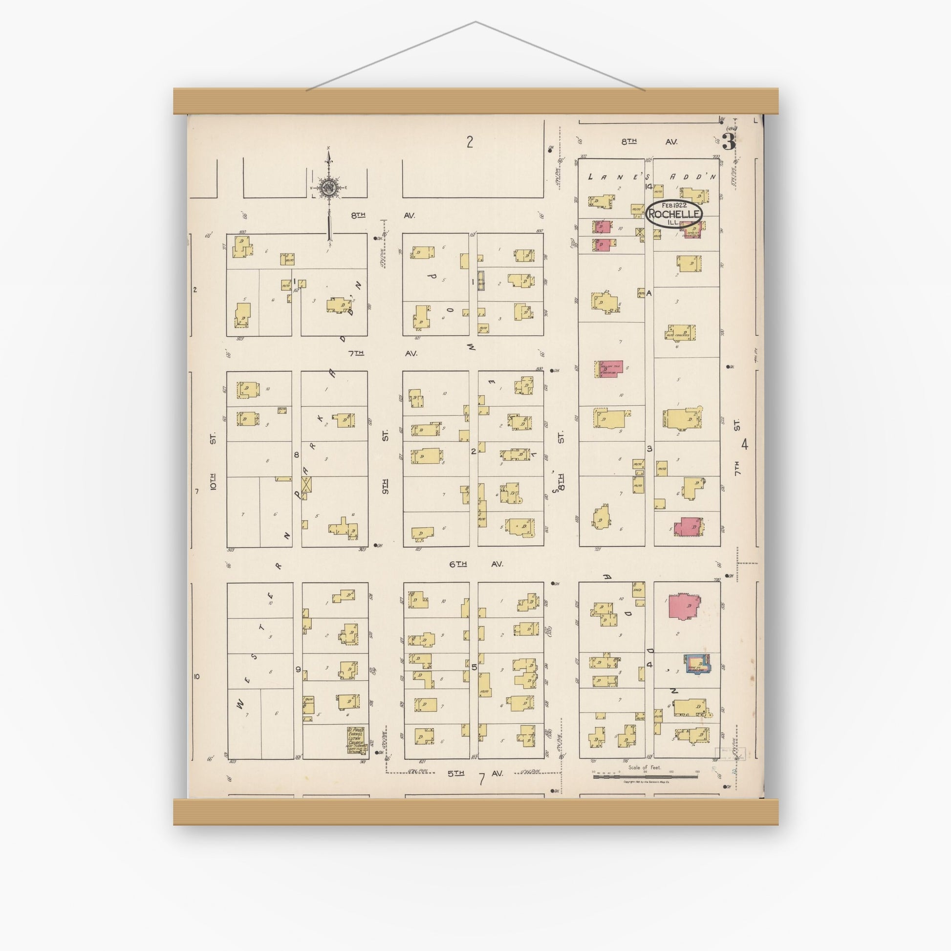 Old map wall art mockup — magnetic wood frame on white wall — Sanborn Fire Insurance Map from Rochelle, Ogle County, Illinois (1922), Sheet #0003