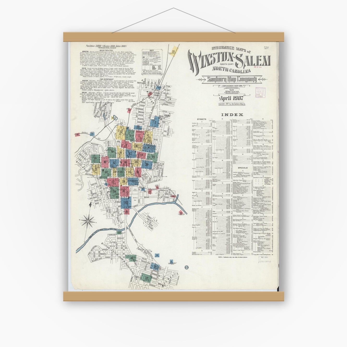 Old map wall art mockup — magnetic wood frame on white wall — Sanborn Fire Insurance Map from Winston-Salem, Forsyth County, North Carolina (1907), Sheet #0001