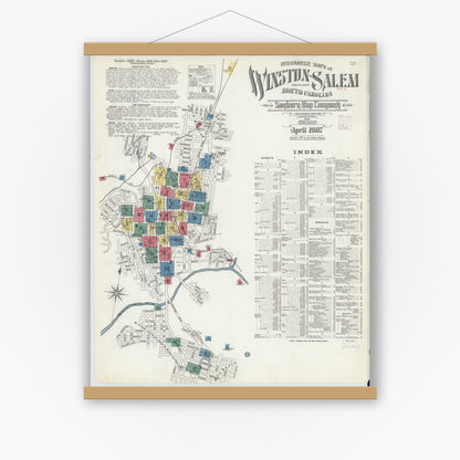 Old map wall art mockup — magnetic wood frame on white wall — Sanborn Fire Insurance Map from Winston-Salem, Forsyth County, North Carolina (1907), Sheet #0001