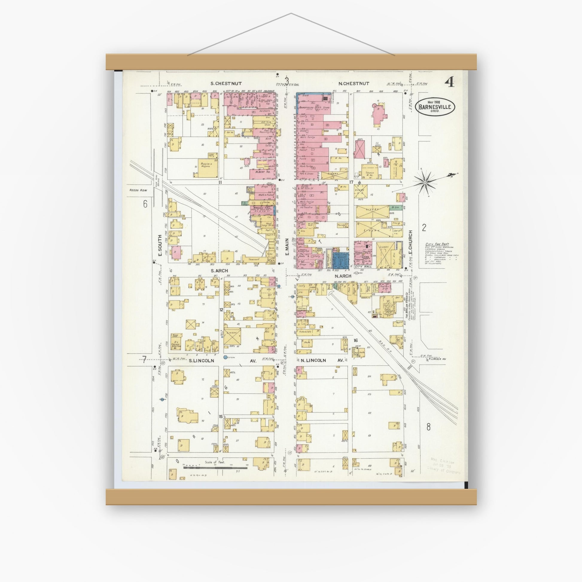 Old map wall art mockup — magnetic wood frame on white wall — Sanborn Fire Insurance Map from Barnesville, Belmont County, Ohio (1908), Sheet #0004