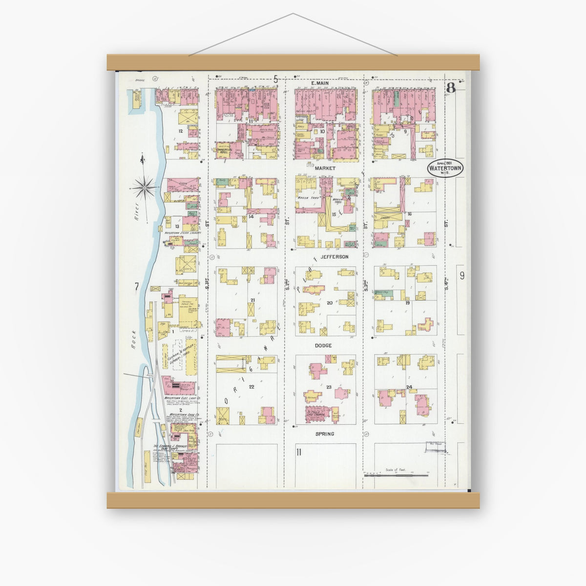Old map wall art mockup — magnetic wood frame on white wall — Sanborn Fire Insurance Map from Watertown, Jefferson County, Wisconsin (1901), Sheet #0008
