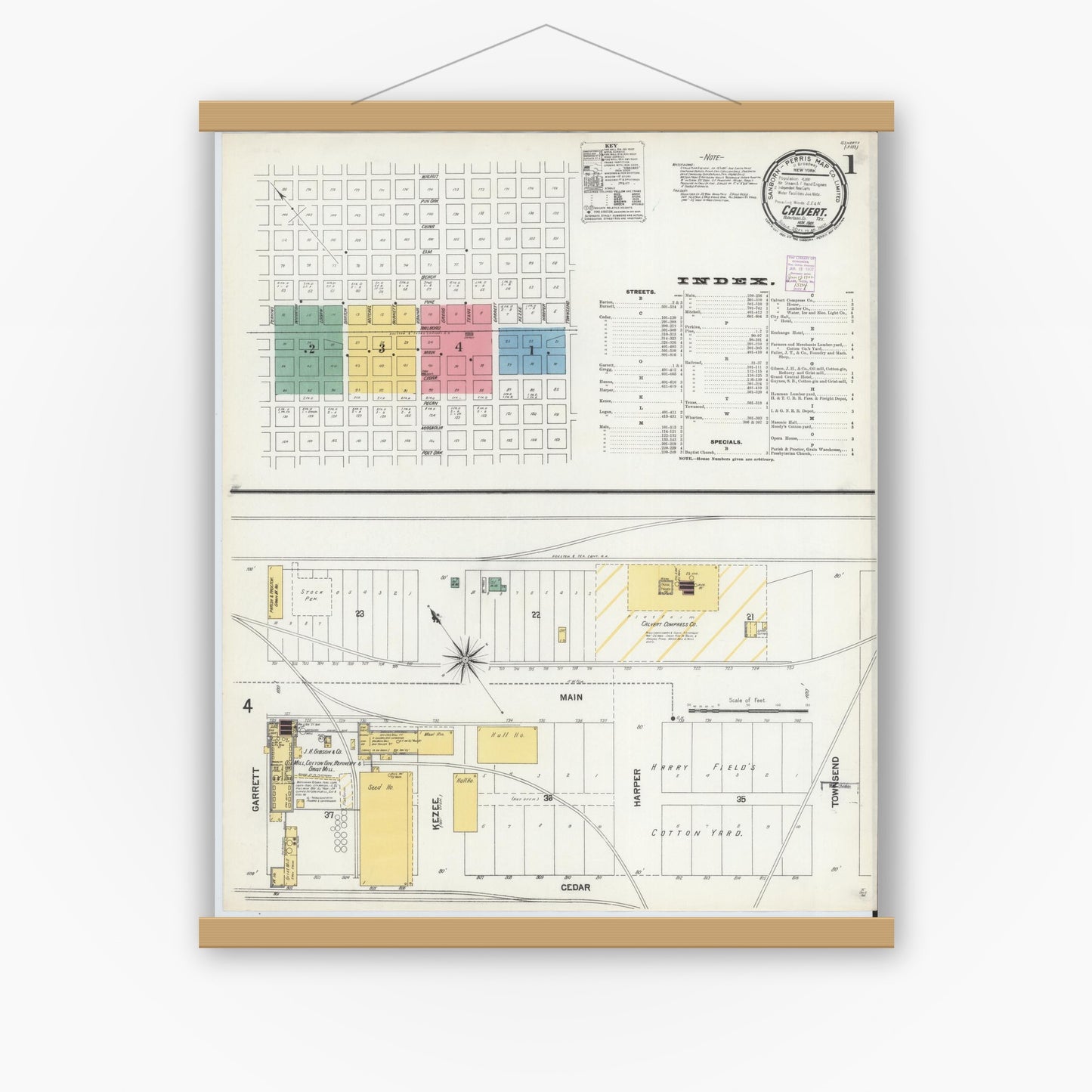 Old map wall art mockup — magnetic wood frame on white wall — Sanborn Fire Insurance Map from Calvert, Robertson County, Texas (1901), Sheet #0001
