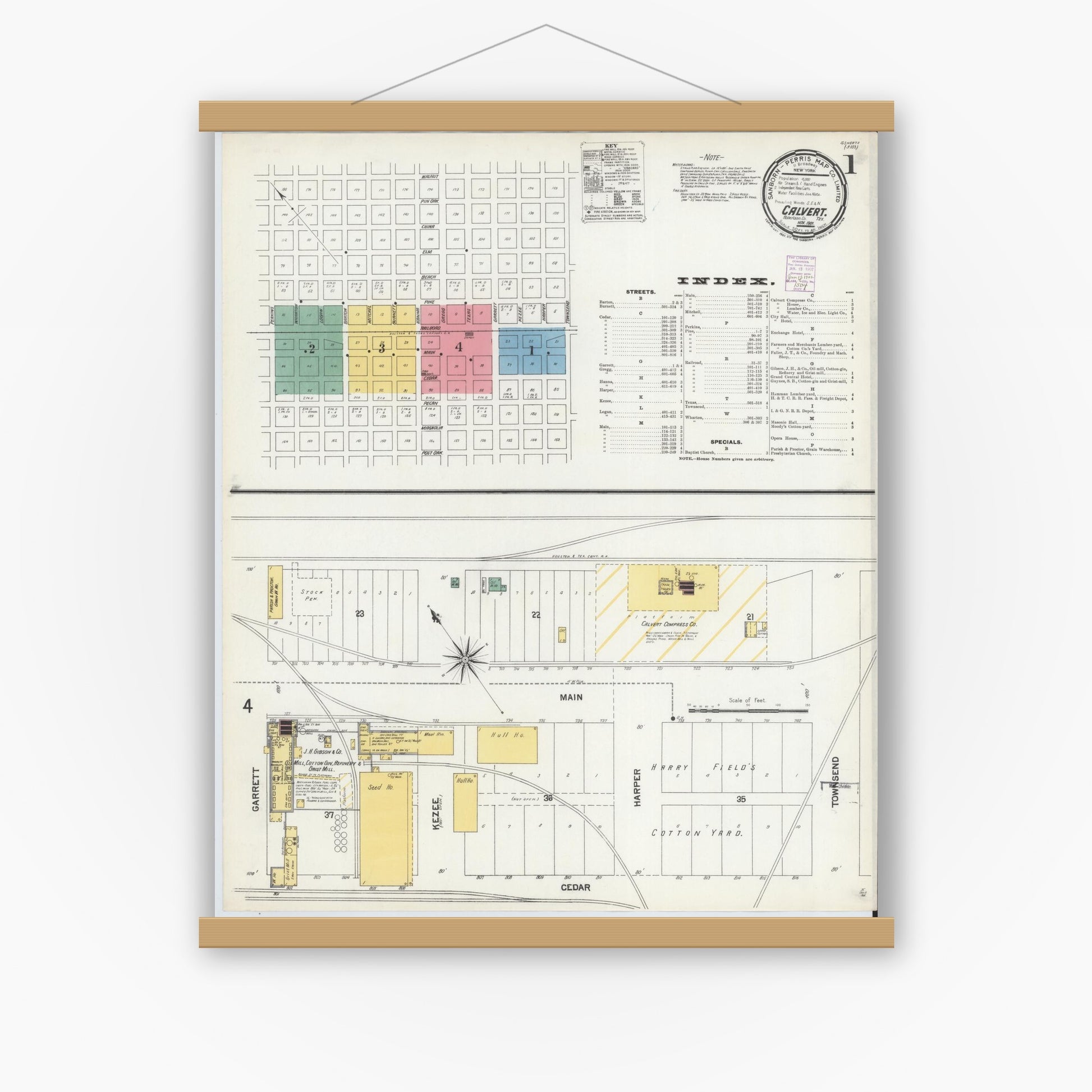 Old map wall art mockup — magnetic wood frame on white wall — Sanborn Fire Insurance Map from Calvert, Robertson County, Texas (1901), Sheet #0001