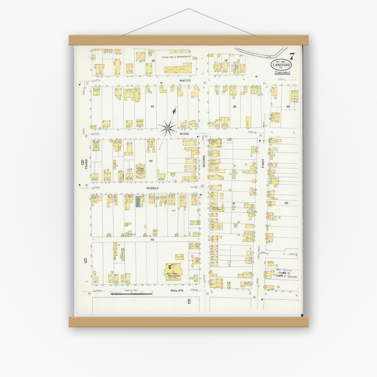 Old map wall art mockup — magnetic wood frame on white wall — Sanborn Fire Insurance Map from Lansford, Carbon County, Pennsylvania (1908), Sheet #0007