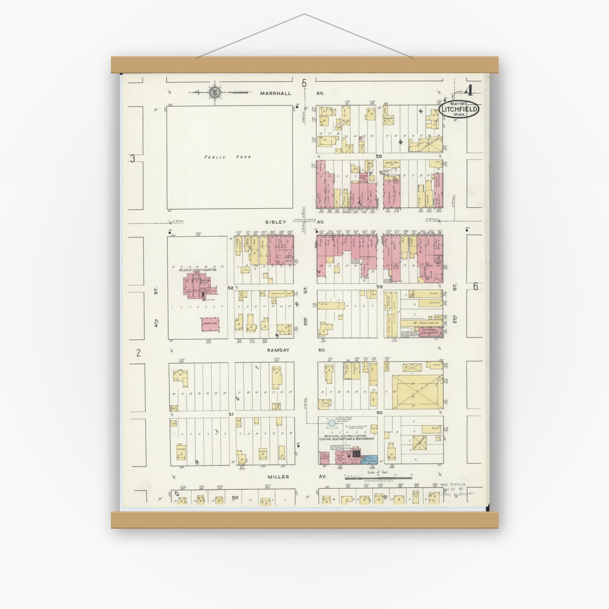 Old map wall art mockup — magnetic wood frame on white wall — Sanborn Fire Insurance Map from Litchfield, Meeker County, Minnesota (1917), Sheet #0004