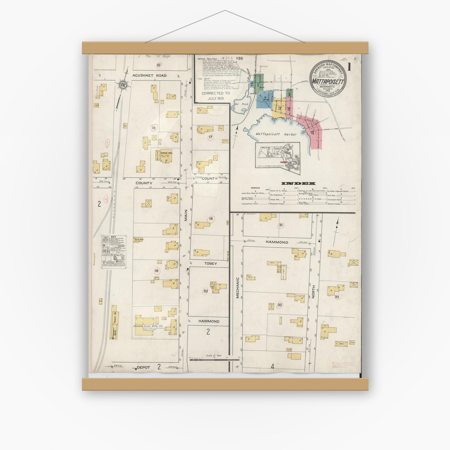 Old map wall art mockup — magnetic wood frame on white wall — Sanborn Fire Insurance Map from Mattapoisett, Plymouth County, Massachusetts (1931), Sheet #0001