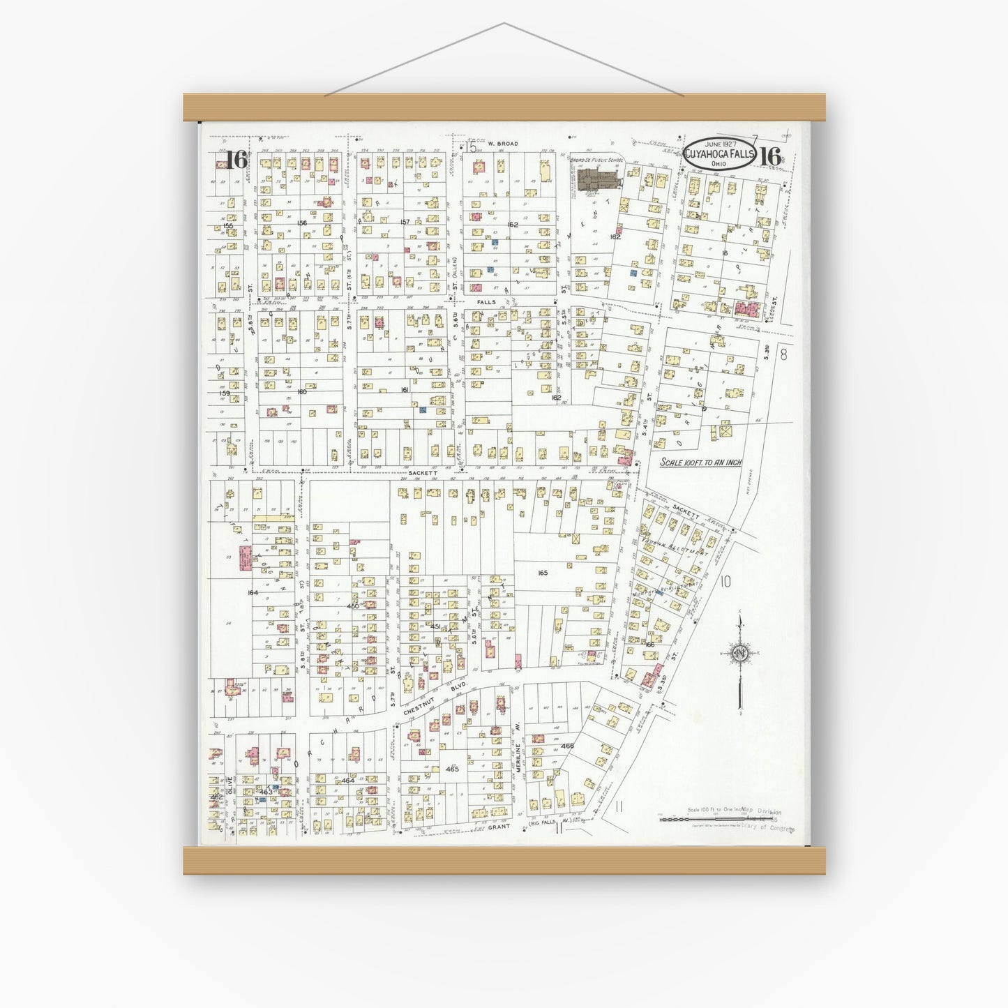 Old map wall art mockup — magnetic wood frame on white wall — Sanborn Fire Insurance Map from Cuyahoga Falls, Summit County, Ohio (1927), Sheet #0016
