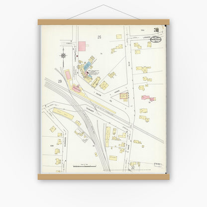 Old map wall art mockup — magnetic wood frame on white wall — Sanborn Fire Insurance Map from Gardner, Worcester County, Massachusetts (1914), Sheet #0031
