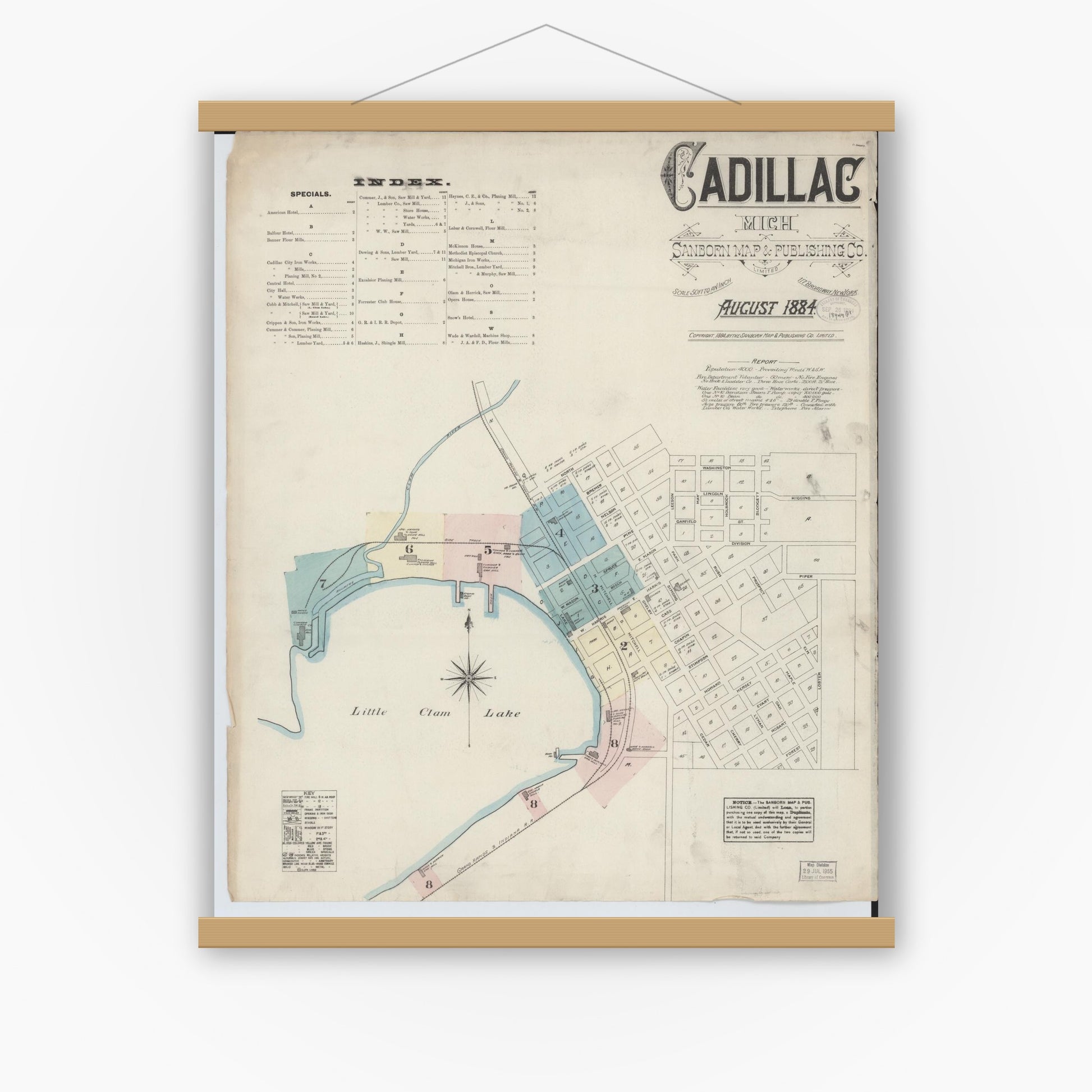 Old map wall art mockup — magnetic wood frame on white wall — Sanborn Fire Insurance Map from Cadillac, Wexford County, Michigan (1884), Sheet #0001