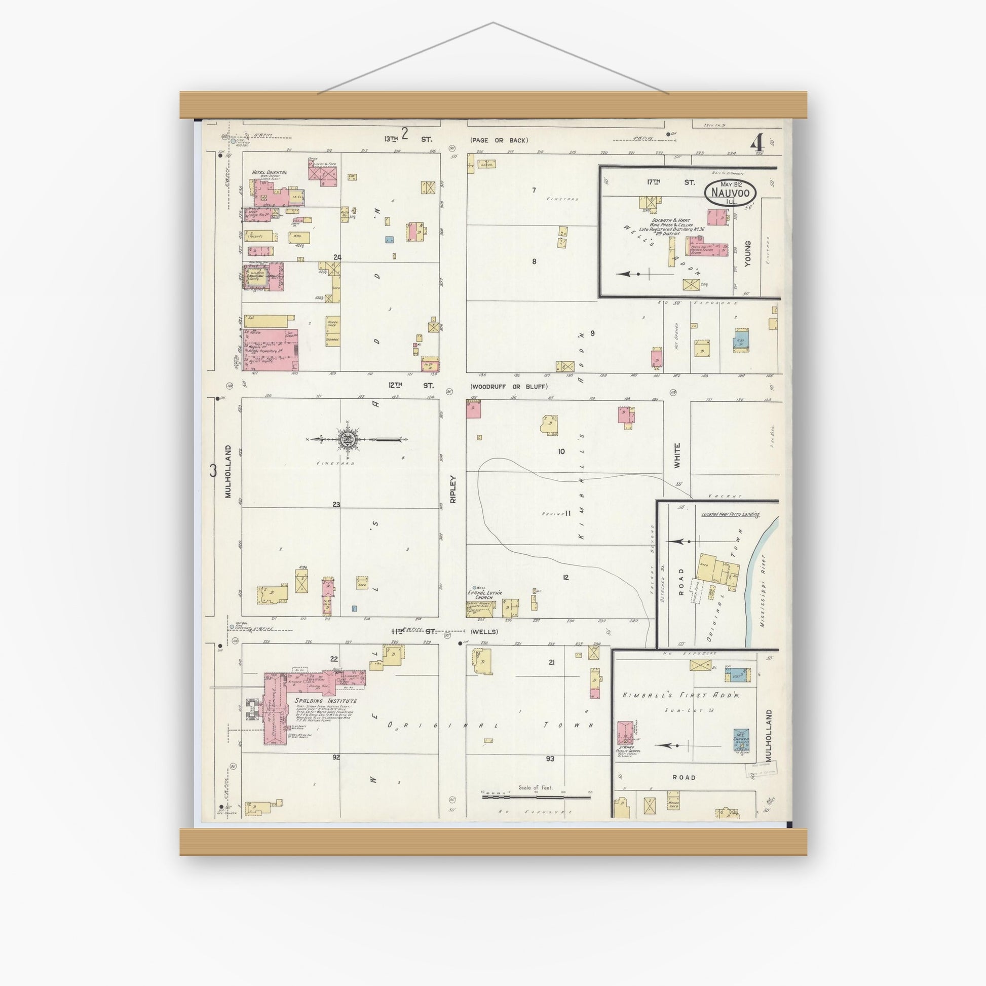 Old map wall art mockup — magnetic wood frame on white wall — Sanborn Fire Insurance Map from Nauvoo, Hancock County, Illinois (1912), Sheet #0004