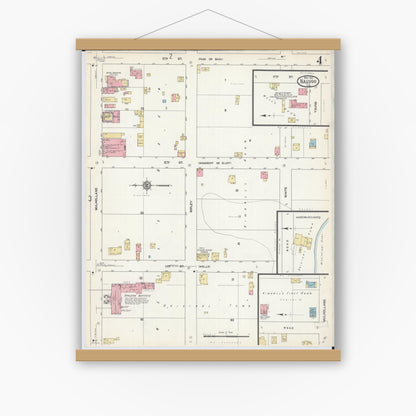 Old map wall art mockup — magnetic wood frame on white wall — Sanborn Fire Insurance Map from Nauvoo, Hancock County, Illinois (1912), Sheet #0004