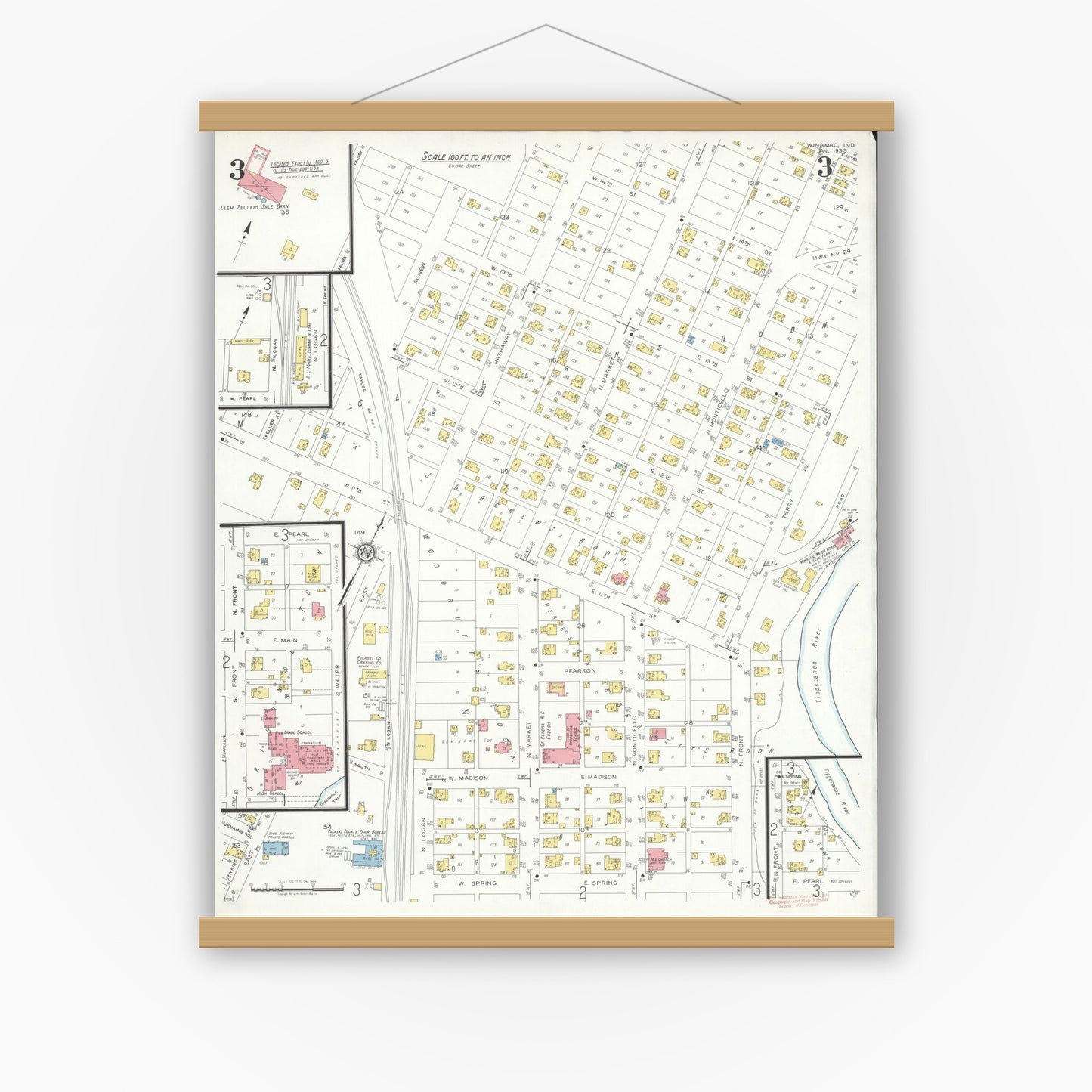 Old map wall art mockup — magnetic wood frame on white wall — Sanborn Fire Insurance Map from Winamac, Pulaski County, Indiana (1933), Sheet #0003